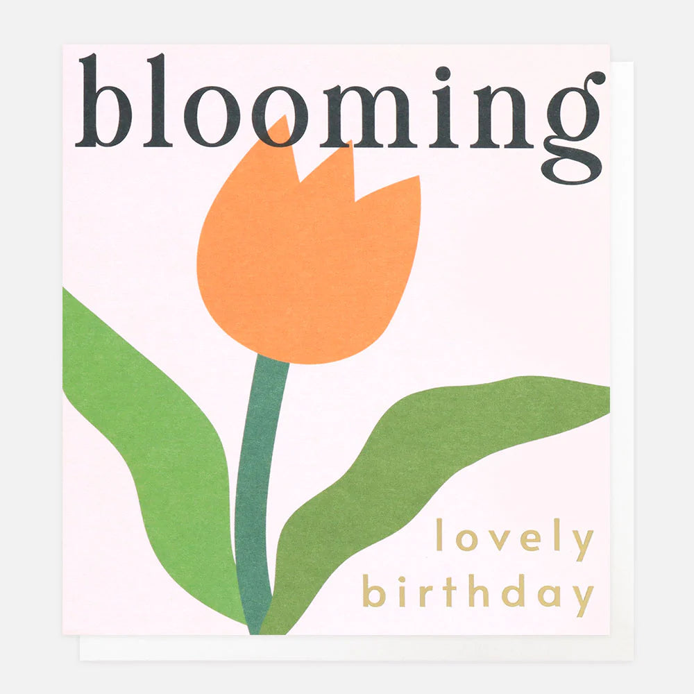 Caroline Gardner Blooming Lovely Birthday greeting card with floral design and colorful lettering, on a white background.