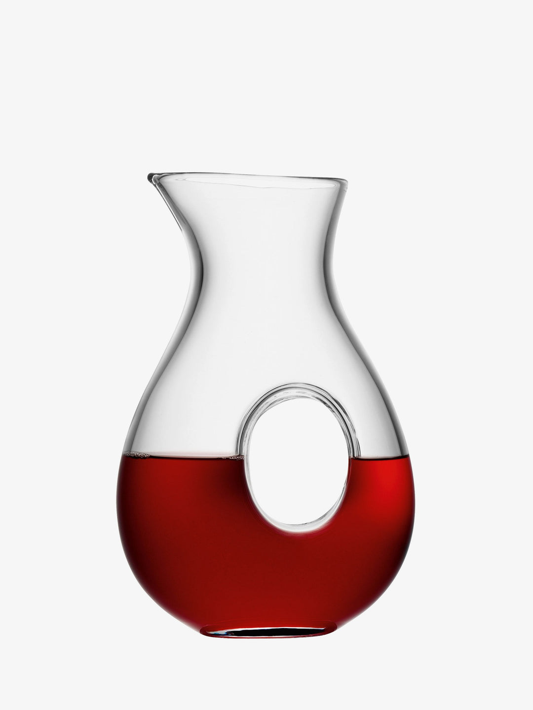 LSA International Cornucopia Worcester glass curved ONO jug with clear, smooth design and elegant handle on a white background.
