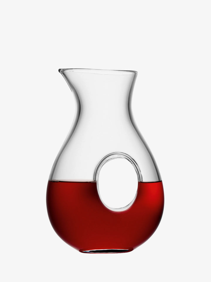 LSA International Cornucopia Worcester glass curved ONO jug with clear, smooth design and elegant handle on a white background.