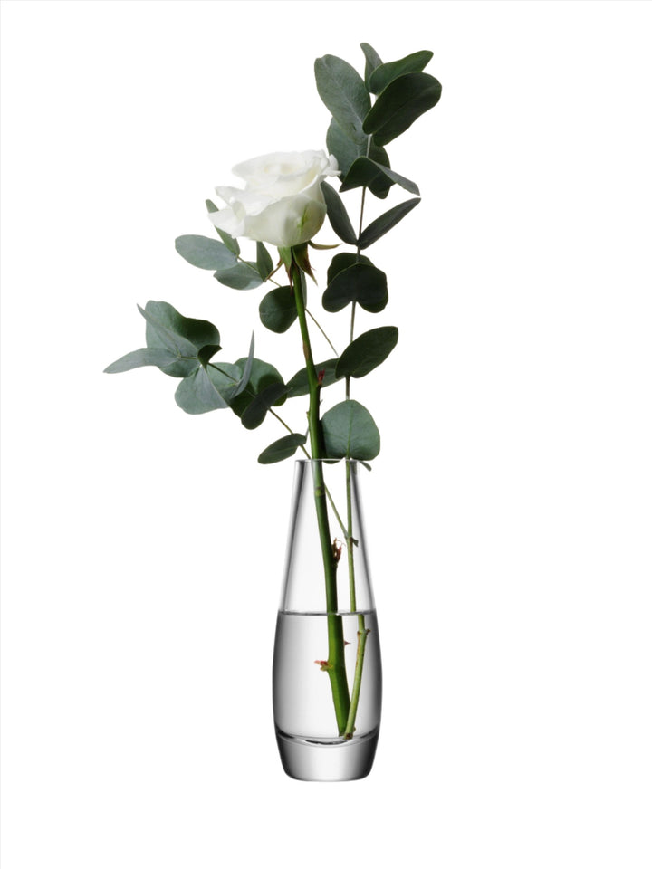 Clear glass flower single stem vase by LSA International, 17cm tall with a sleek, minimalist design.