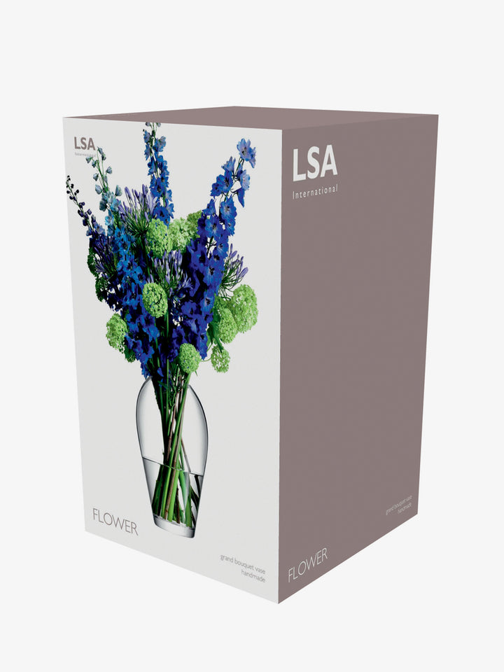 LSA International Flower Grand Bouquet Vase by Cornucopia Worcester, clear glass with elegant floral design, displayed on a neutral background