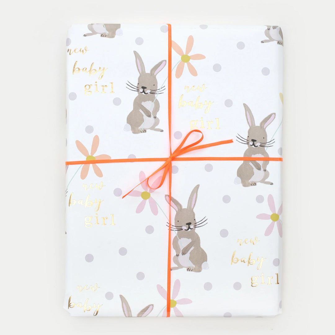 Baby girl bunny gold foil wrap by Caroline Gardner featuring adorable bunny design with gold accents, perfect for gift packaging.