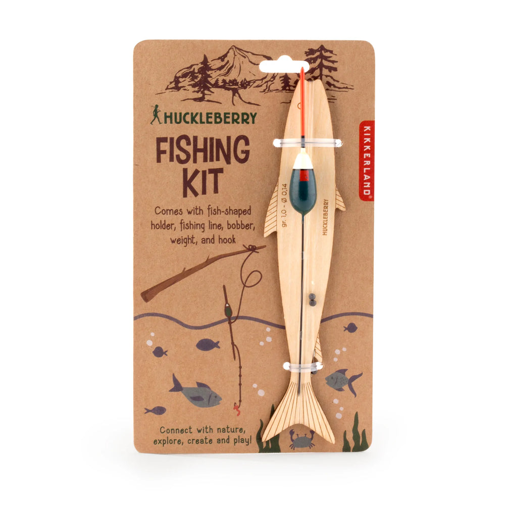 Kikkerland Huckleberry Fishing Kit by Cornucopia Worcester, featuring compact fishing accessories in a colorful package.