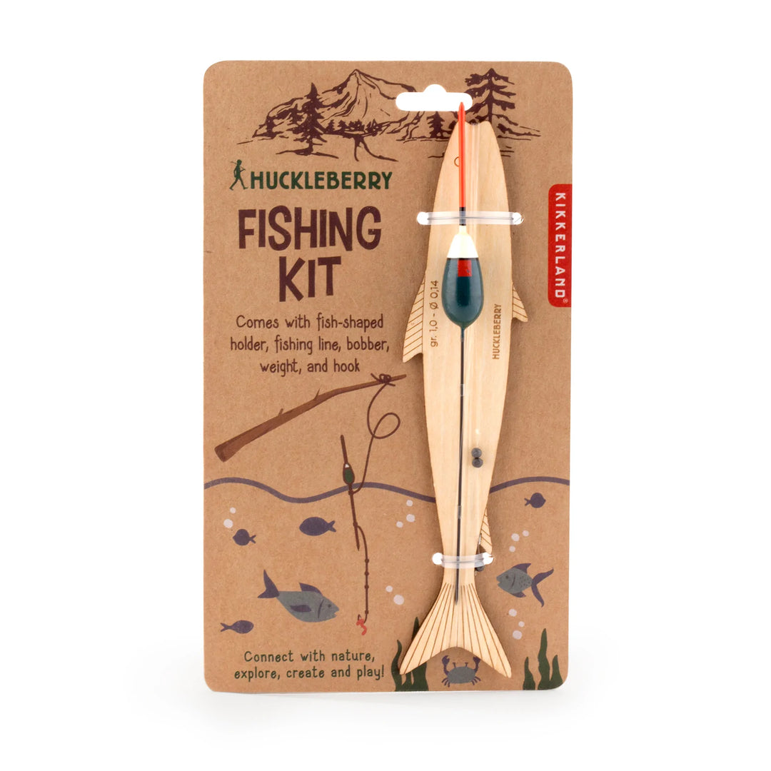 Kikkerland Huckleberry Fishing Kit by Cornucopia Worcester, featuring compact fishing accessories in a colorful package.