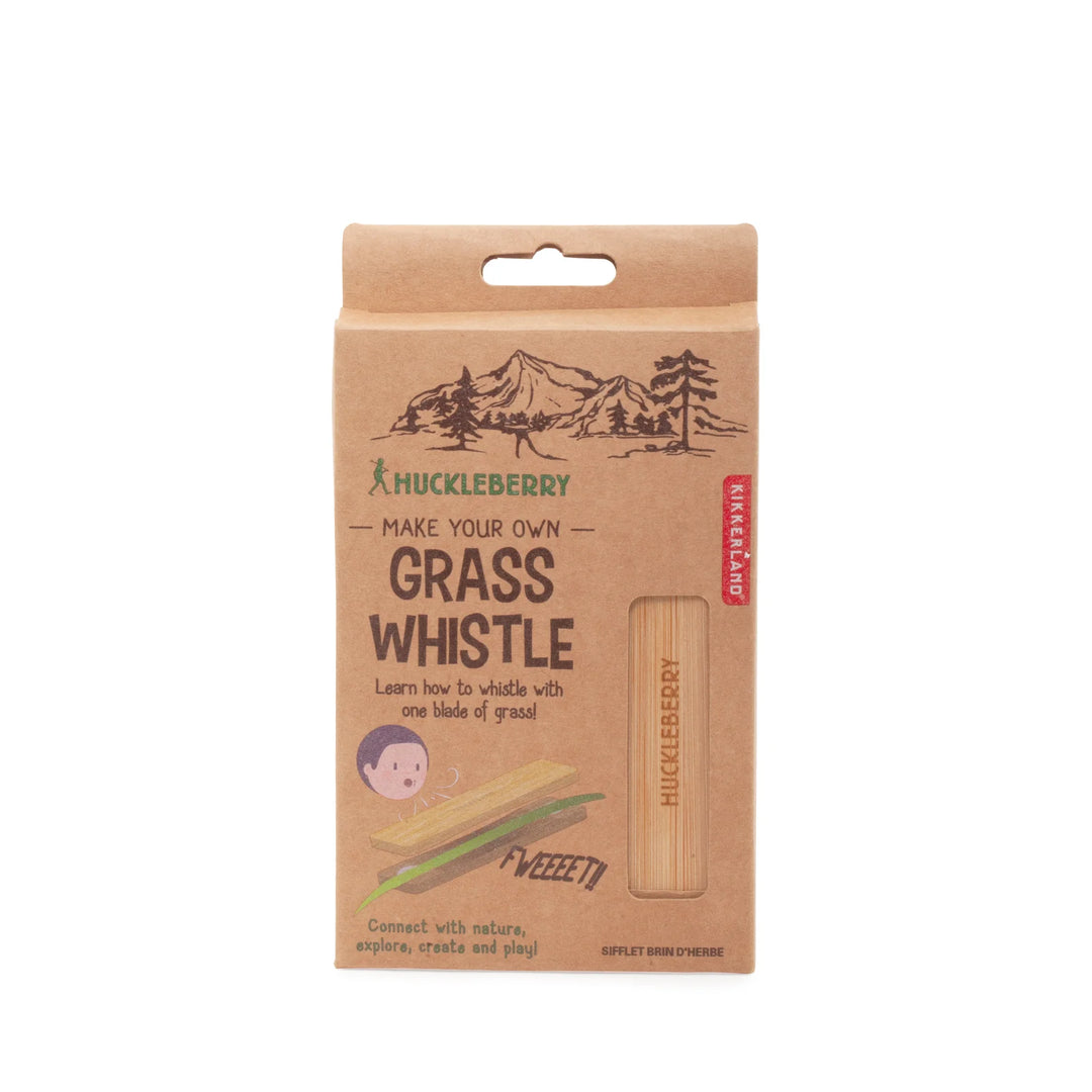 Kikkerland Huckleberry Grass Whistle by Cornucopia Home and Gift, featuring a playful grass-shaped wooden whistle with a natural finish.
