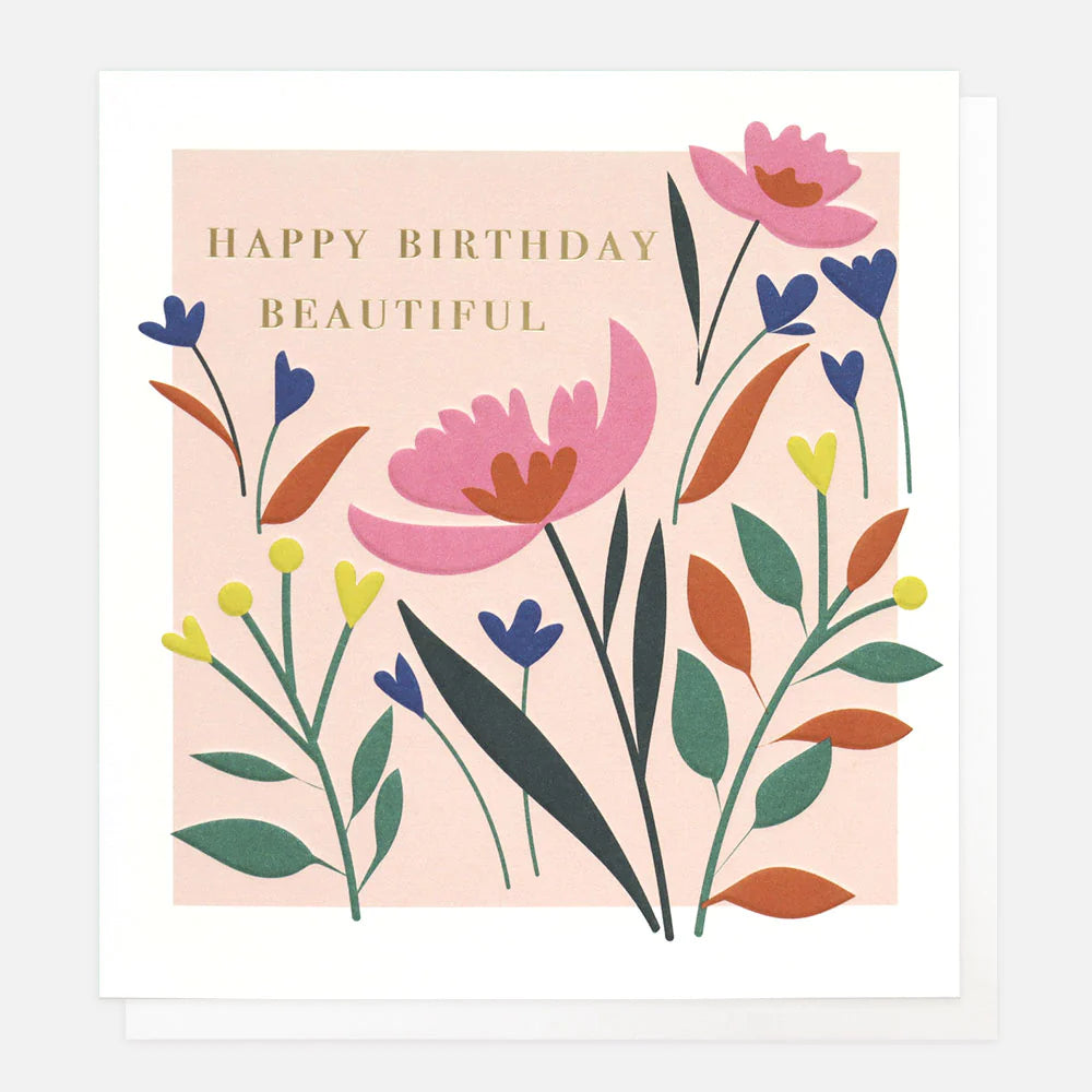 Caroline Gardner birthday card featuring a cheerful "Happy Birthday Beautiful" design with colorful floral accents.