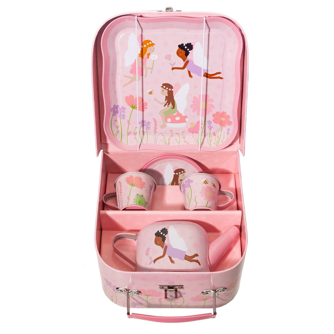 Fairy Kids Tea for Two Set by Rex London featuring colorful teapot, cups, and saucers for children’s pretend play.
