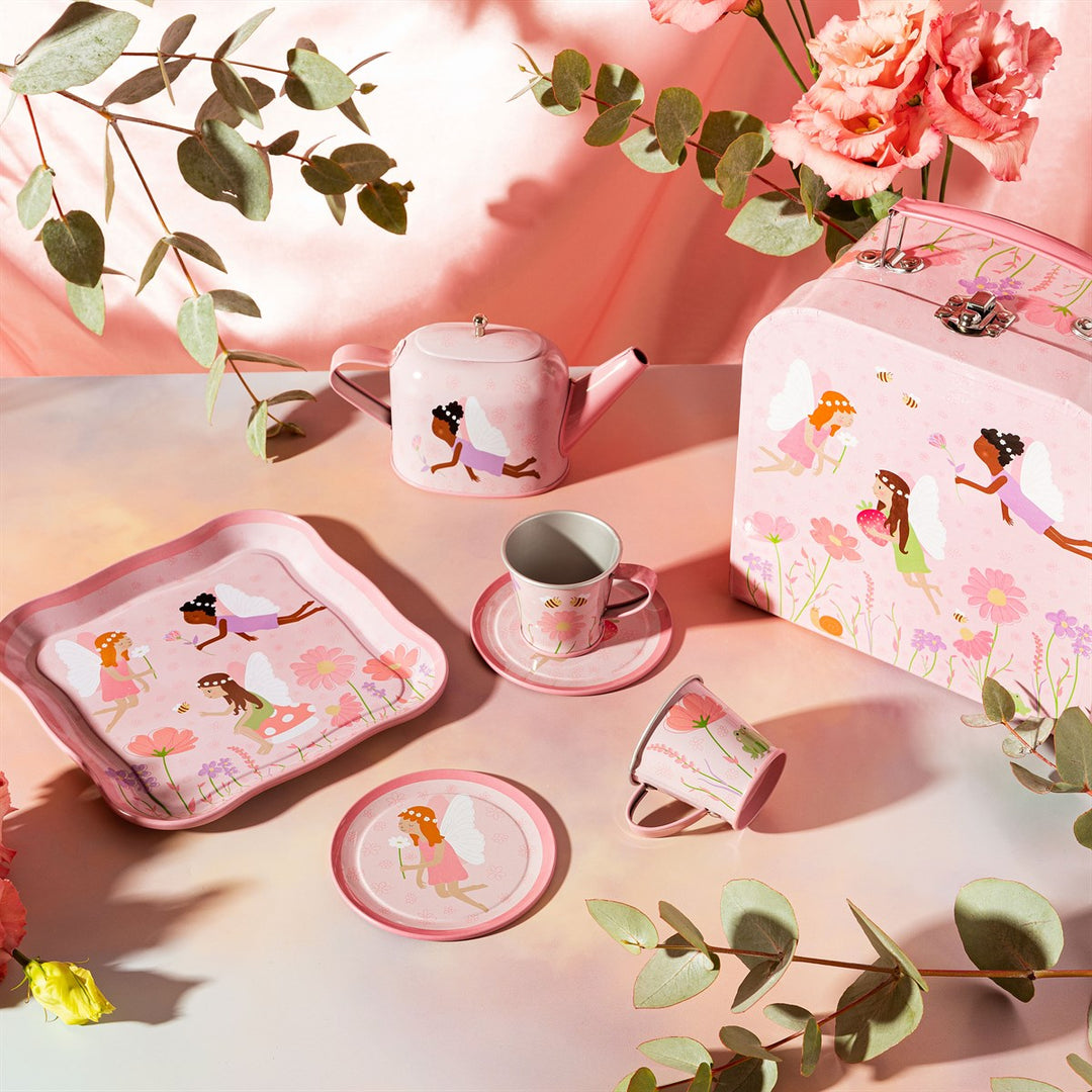 Fairy Kids Tea for Two Set by Rex London, featuring colorful teacups, saucers, and a fairy-themed play tea set for children.