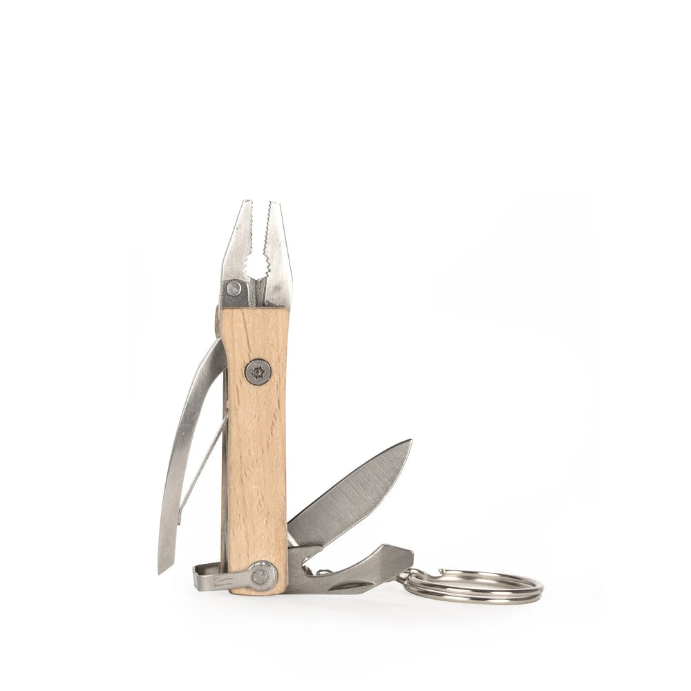 Kikkerland Mini Wood Pliers keychain tool with open metal jaws, compact and lightweight for everyday use.
