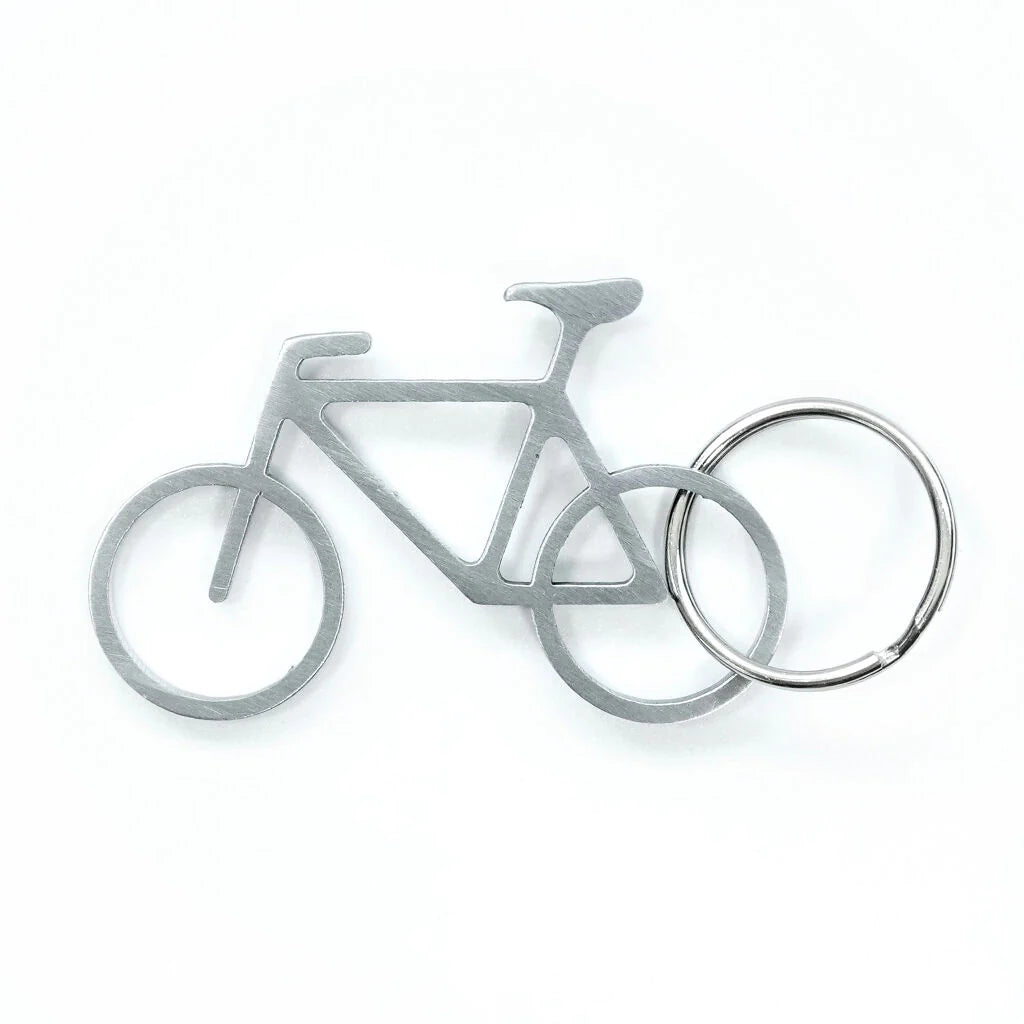 Kikkerland bike keyring and bottle opener with a compact metal design, featuring a bike shape and practical bottle opener function.