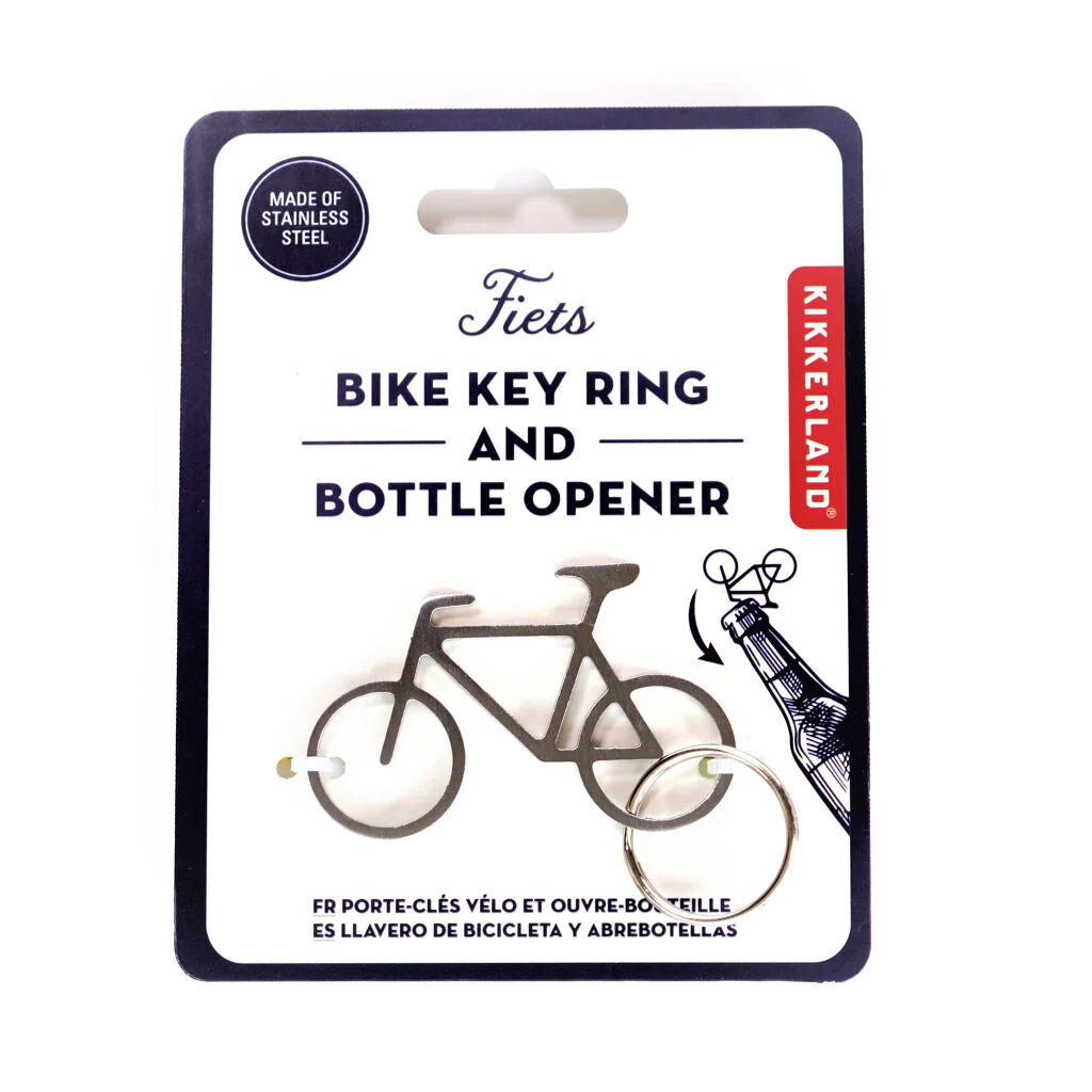 Kikkerland bike keyring and bottle opener with metal bike design and keyring attachment, perfect for everyday use.