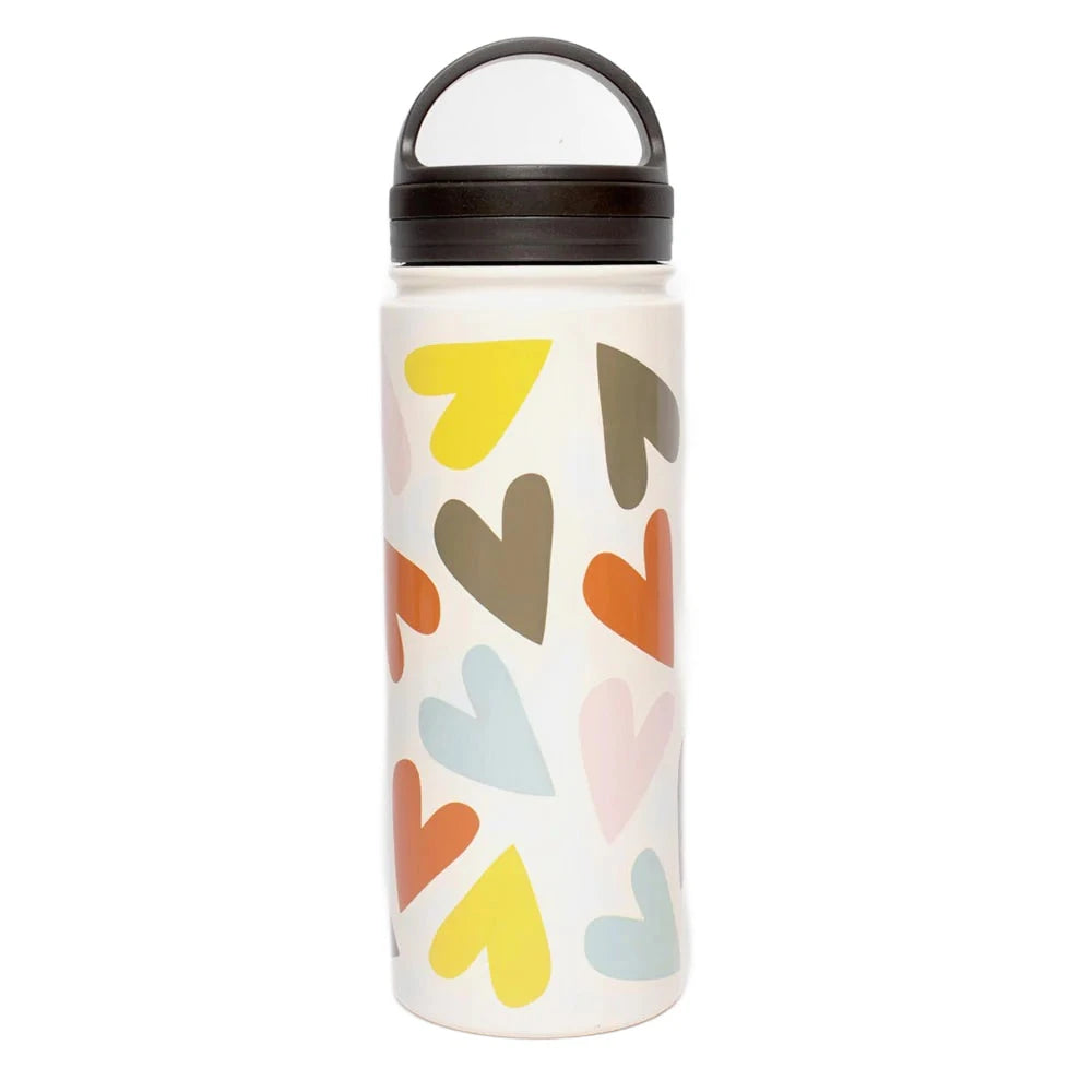 Caroline Gardner multi heart metal water bottle with colorful heart patterns, durable stainless steel design for on-the-go hydration.