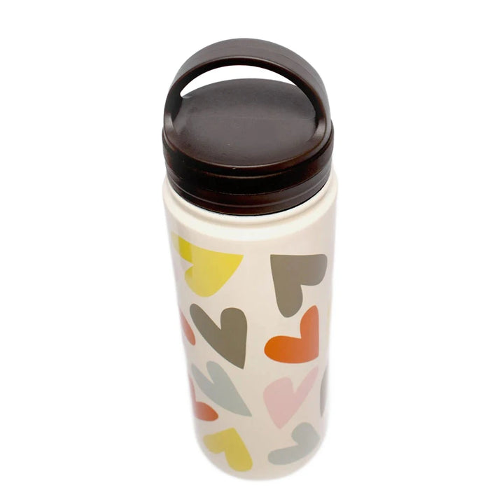 Caroline Gardner multi-heart metal water bottle with colorful heart patterns on a sleek silver background