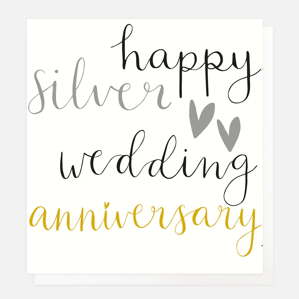 Happy Silver Anniversary greeting card by Caroline Gardner featuring elegant silver design, from Cornucopia Worcester.