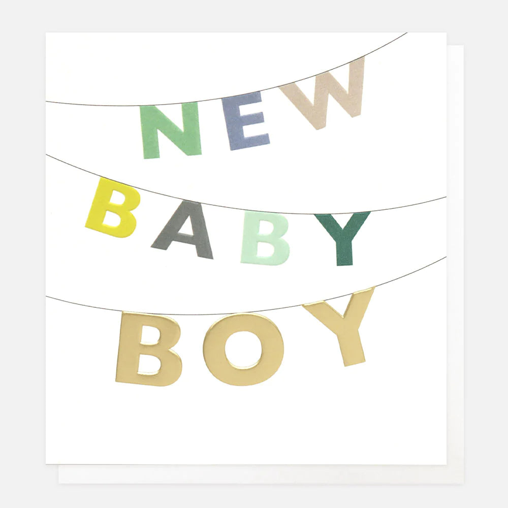 Caroline Gardner New Baby Boy greeting card with cheerful baby-themed design for celebrating a newborn boy.