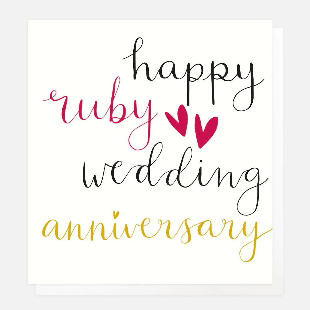 Caroline Gardner Happy Ruby Anniversary greeting card with floral design from Cornucopia Worcester, featuring vibrant red and pink accents.