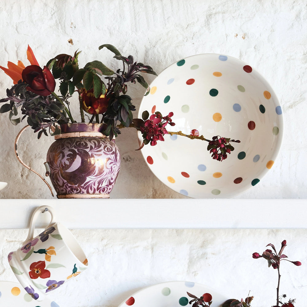 Emma Bridgewater polka dot medium pasta bowl with colorful dot pattern and classic ceramic design.