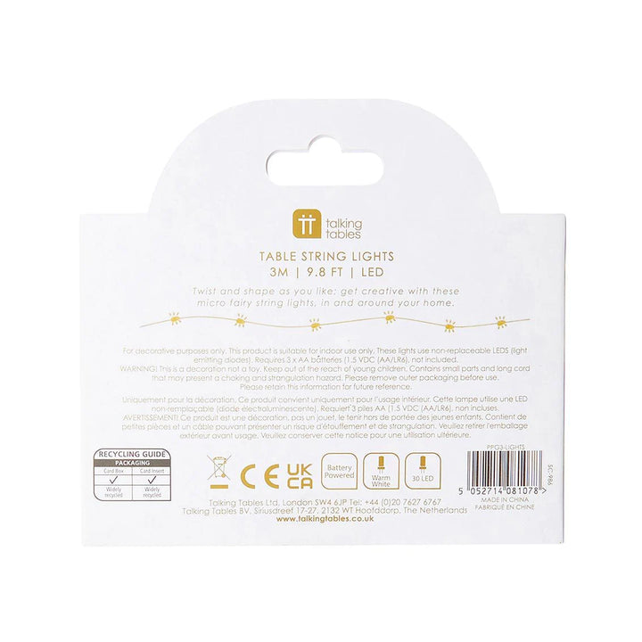 Talking Tables Party Porcelain Gold LED Lights, 3M length with 60 warm white LEDs for festive decoration.
