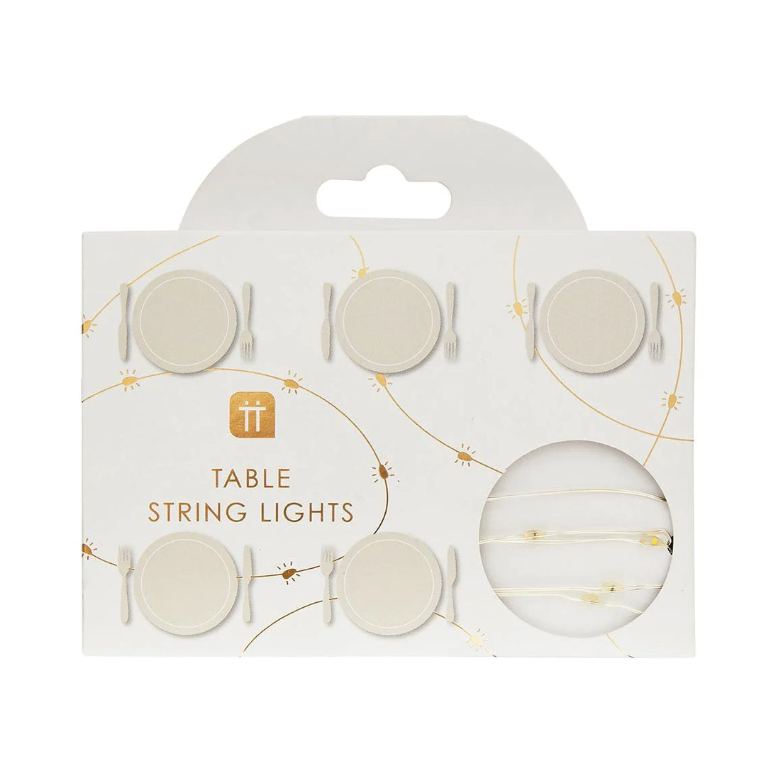 Party porcelain gold LED string lights from Talking Tables, 3 meters long with 60 warm white bulbs, by Cornucopia Worcester.