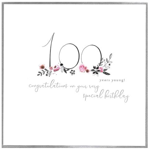 Cinnamon Aitch 100 Years Young birthday card featuring colorful floral design, ideal for celebrating a milestone birthday.