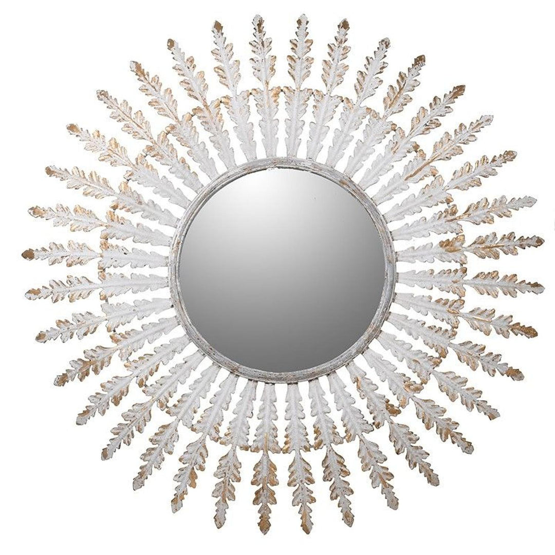 A round metal mirror with a feather-like pattern, indicating a sophisticated and decorative design.