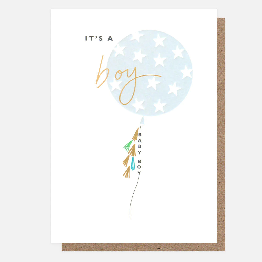 Caroline Gardner Its A Boy Giant Baby Balloon with blue and white lettering, designed for baby shower decorations.
