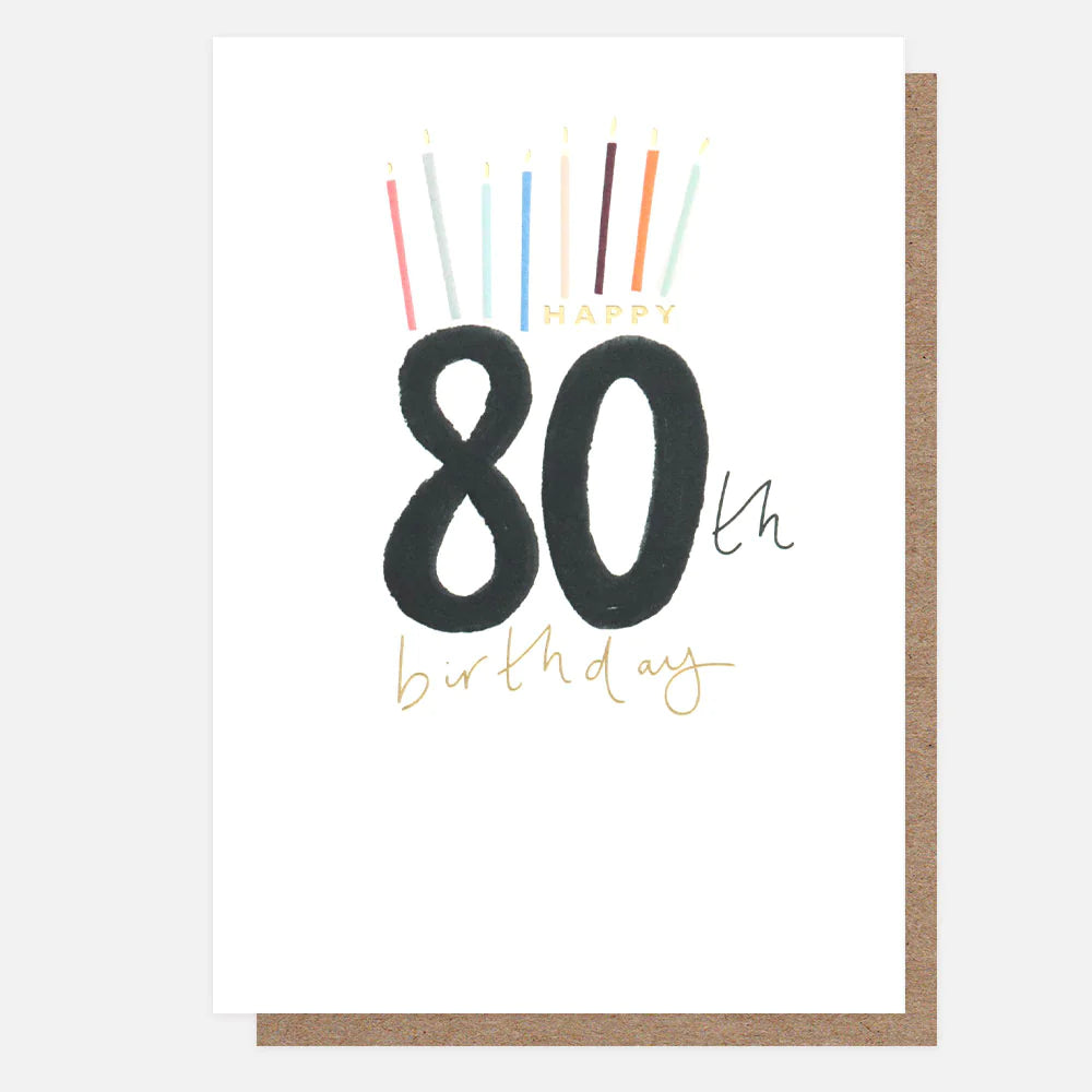 Caroline Gardner Happy 80th Birthday Candles Card with colorful birthday candles and decorative lettering on a festive card background