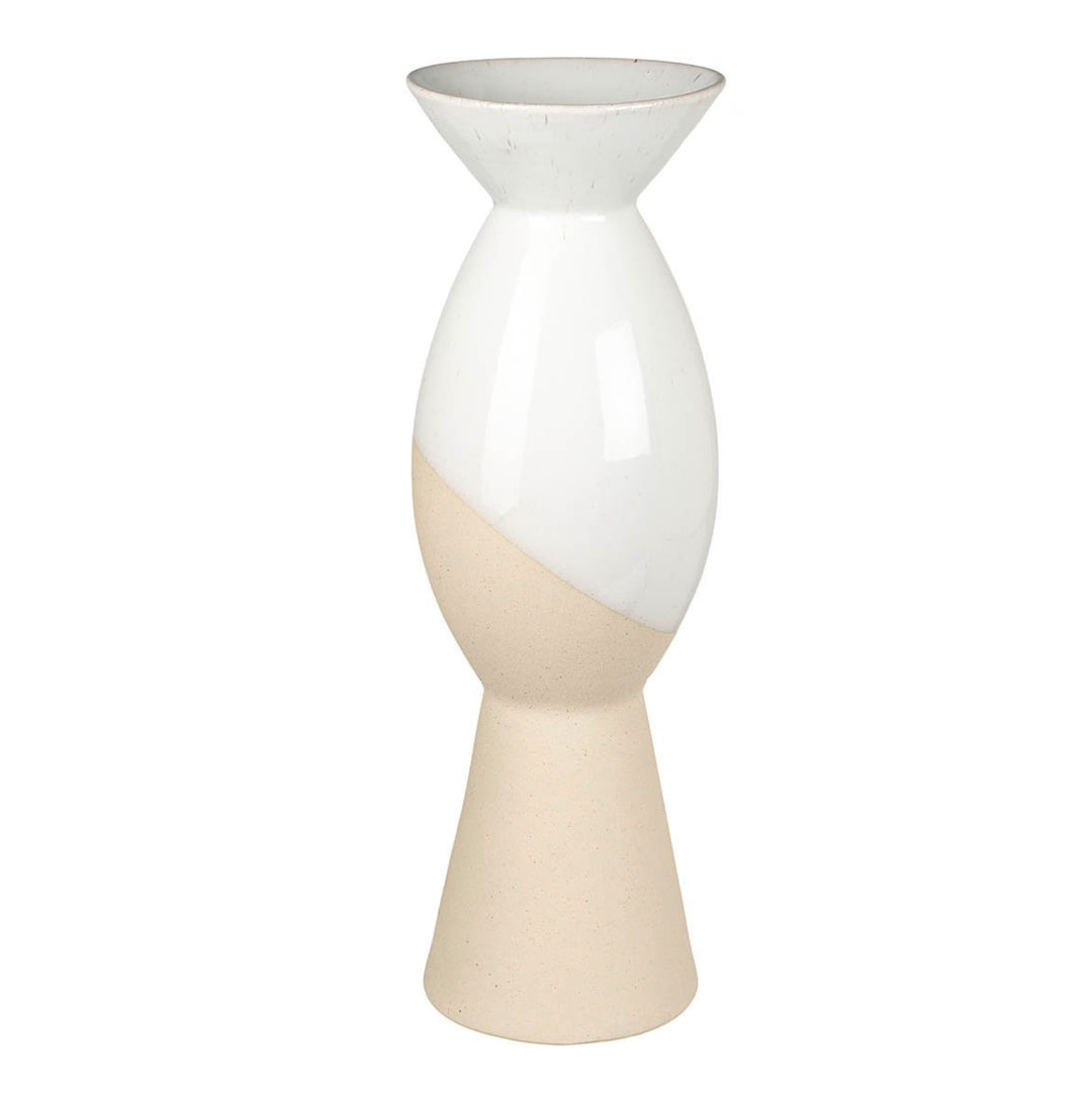 White and sand-colored Lorenzo Vase by Parlane, featuring a sleek ceramic design perfect for modern home decor.