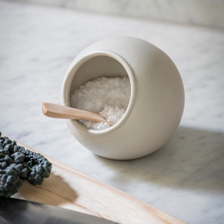 White ceramic salt cellar by Garden Trading, with a simple, elegant design from Cornucopia Worcester.