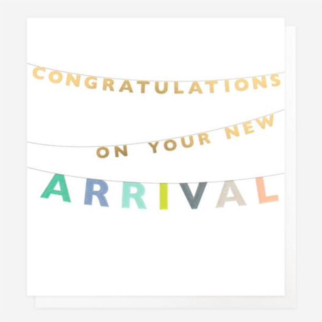 Caroline Gardner congratulations card for new arrival featuring colorful floral design and elegant lettering.