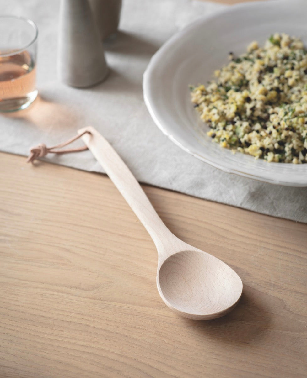 Wooden salad server set made of beech wood from Garden Trading, crafted by Cornucopia Worcester, displayed on a white background.