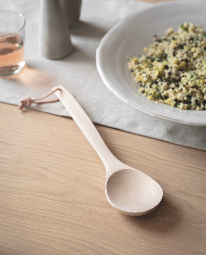 Wooden salad server set made of beech wood from Garden Trading, crafted by Cornucopia Worcester, displayed on a white background.