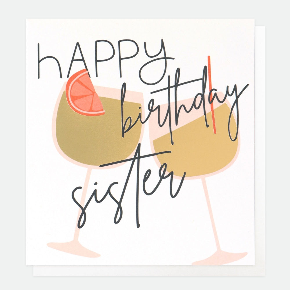 Caroline Gardner sister birthday card featuring colorful, playful design with cheerful illustrations on a white background.
