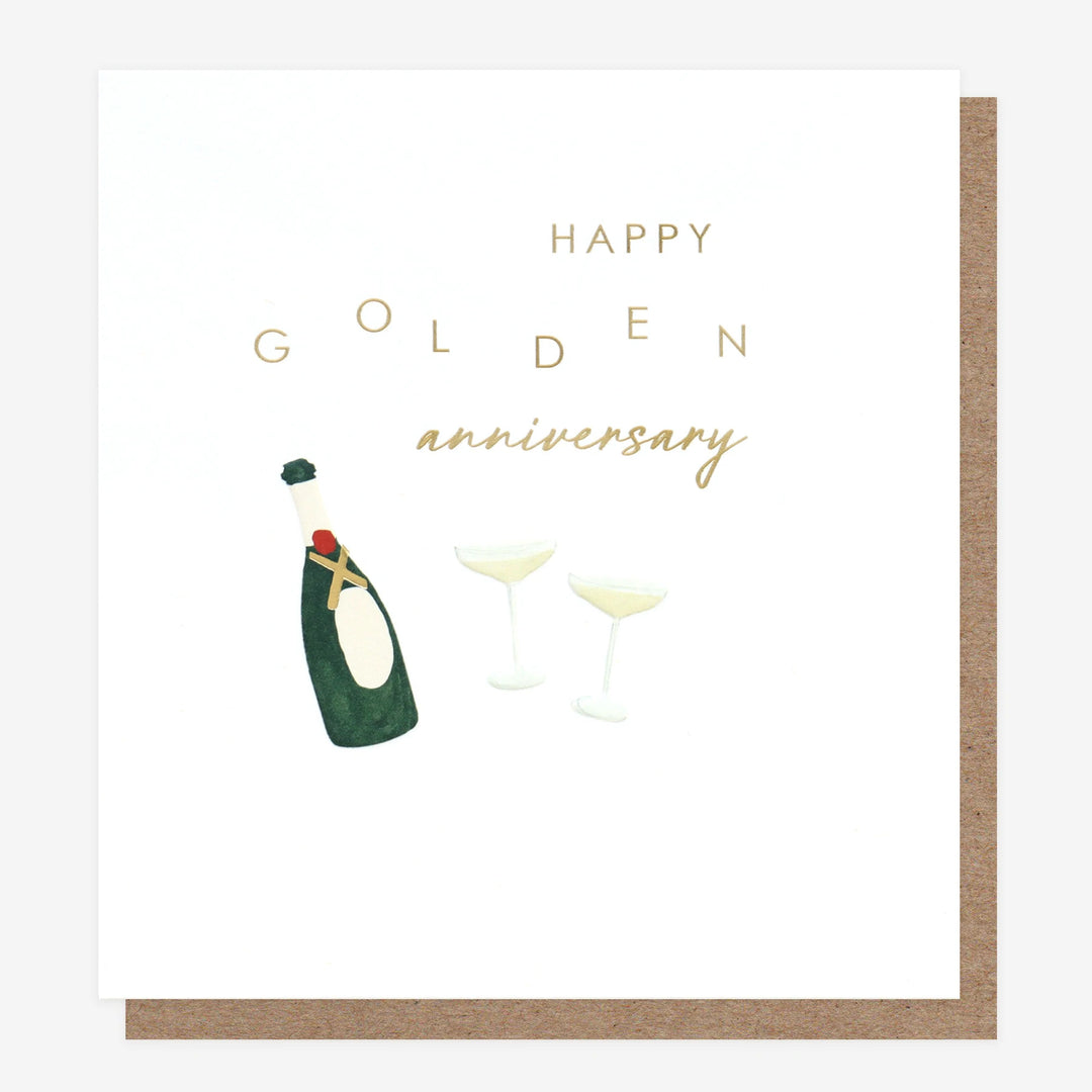 Caroline Gardner Happy Golden Anniversary card with elegant gold and white design, ideal for celebrating special milestones.
