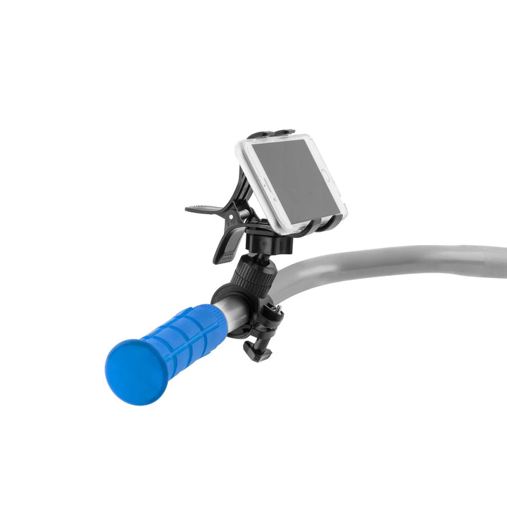Black Kikkerland bike phone holder with blue handle from Cornucopia Worcester, designed to secure a smartphone on a bicycle.