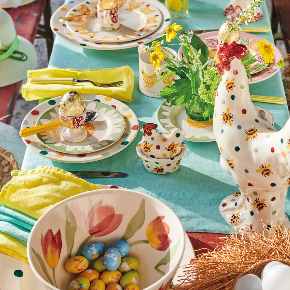Emma Bridgewater Easter eggs set of 3 egg cups with colorful egg designs, displayed in a box.