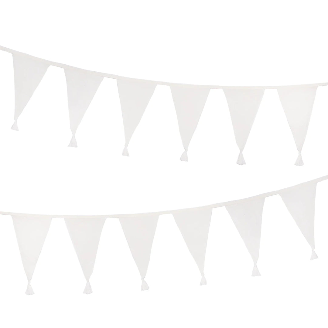 White cotton fabric bunting from Talking Tables, 4 meters long, with triangular flags hanging on a string for celebration or decor.