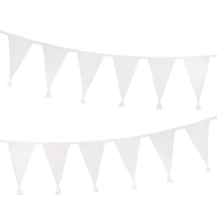 White cotton fabric bunting from Talking Tables, 4 meters long, with triangular flags hanging on a string for celebration or decor.