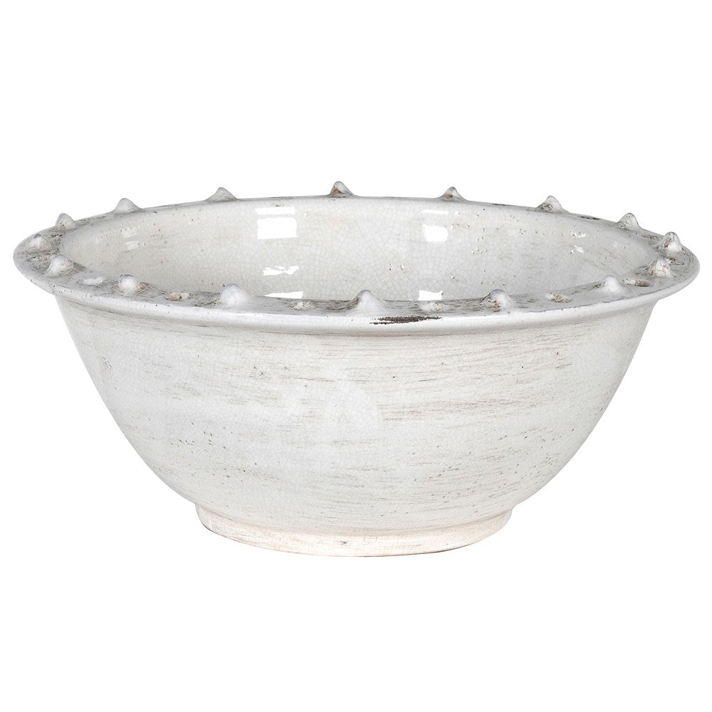 White distressed ceramic bowl by Cornucopia Worcester from Coach House, featuring a rustic, textured finish perfect for serving or display.