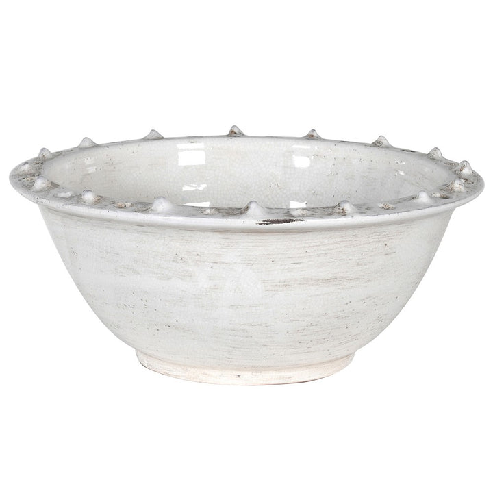 White distressed ceramic bowl by Cornucopia Worcester from Coach House, featuring a rustic, textured finish perfect for serving or display.