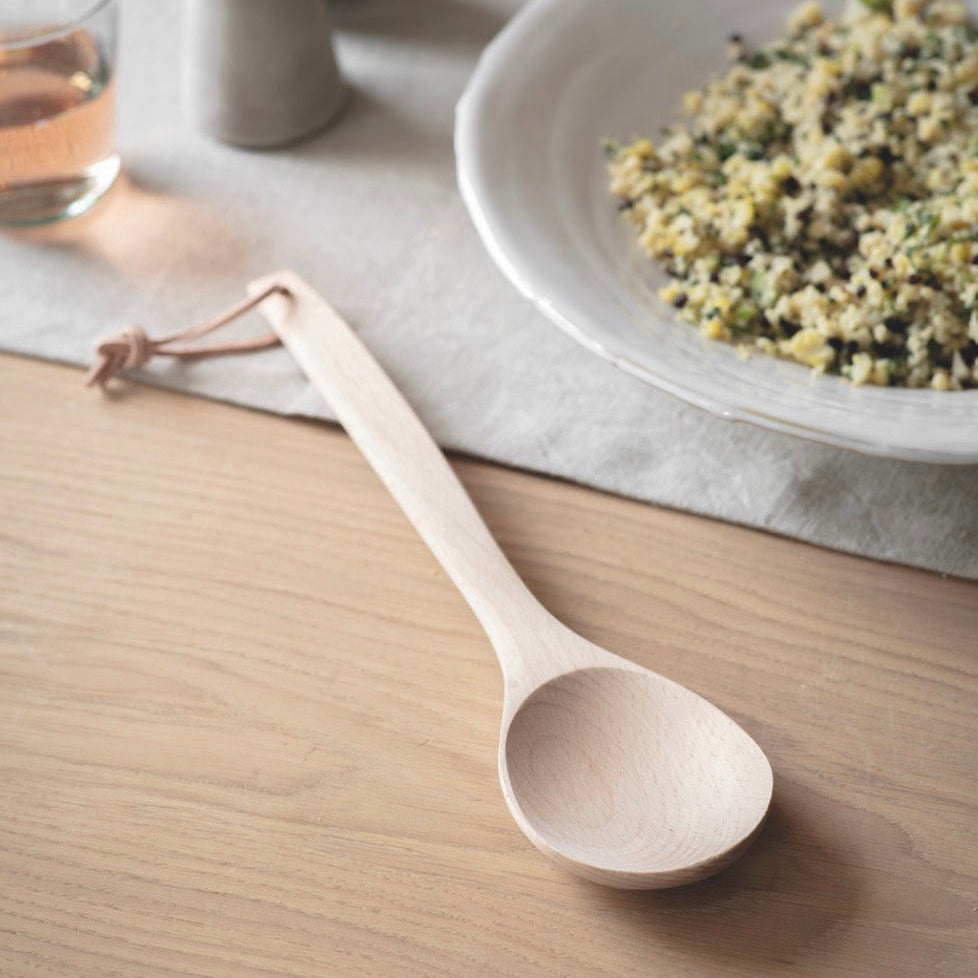 Wooden salad server set made of beech wood from Garden Trading, crafted by Cornucopia Worcester, displayed on a white background.