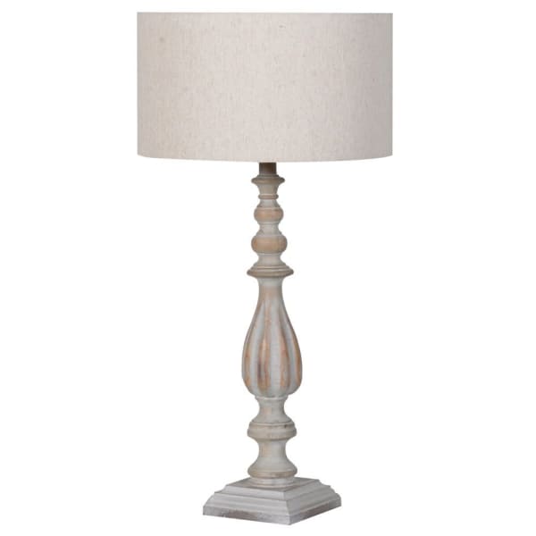 Coach House turned spindle lamp with shade by Cornucopia Home and Gift, featuring a classic wooden base and fabric shade.