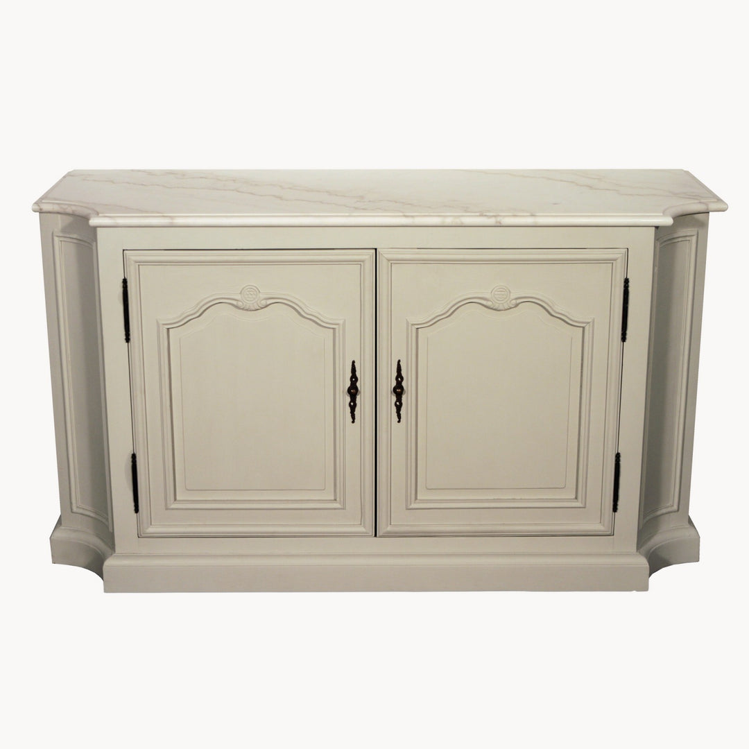 Albury Double Door Sideboard by Cornucopia Home and Gift with white marble top and wooden finish, modern storage furniture.