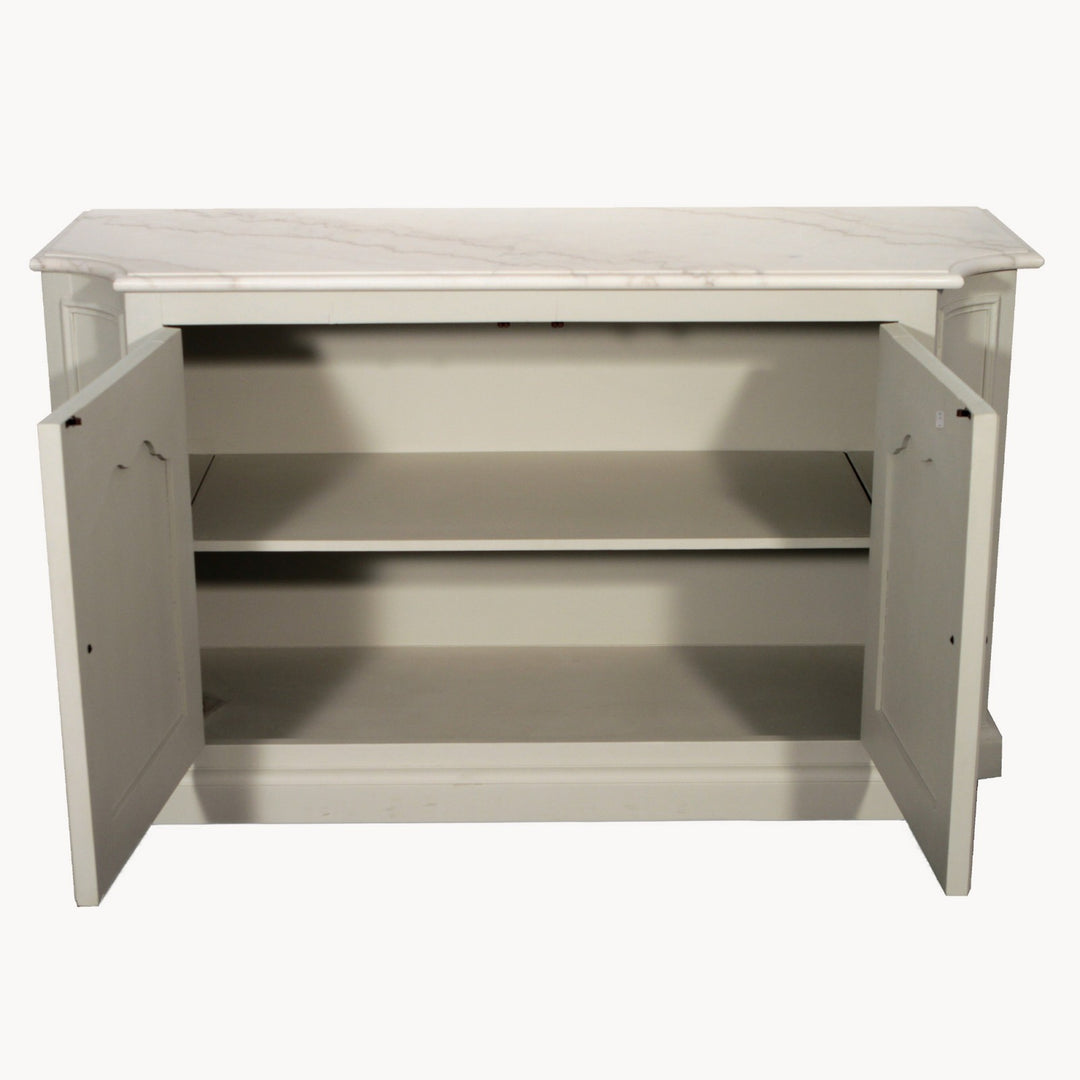 Cornucopia Home and Gift Albury double door sideboard with white marble top, showcasing sleek modern design and storage space.