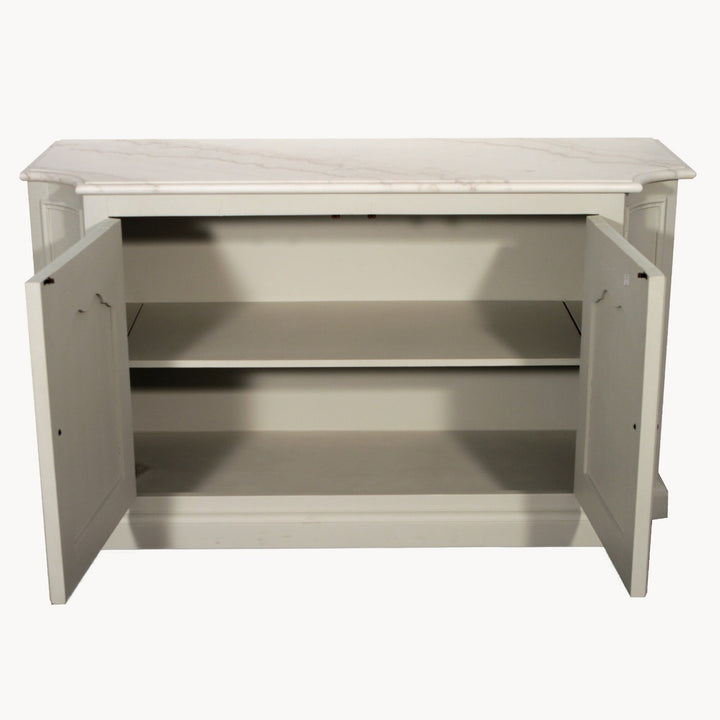 Cornucopia Home and Gift Albury double door sideboard with white marble top, showcasing sleek modern design and storage space.