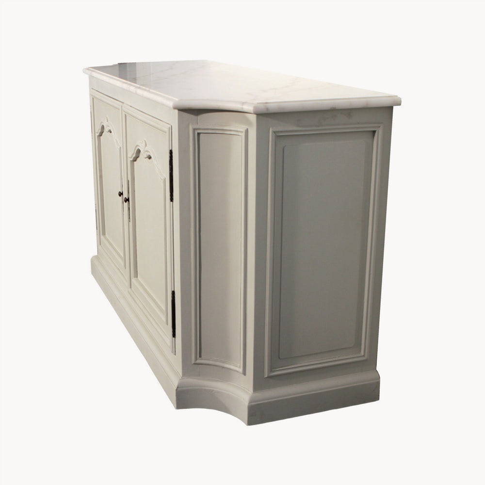 Albury double door sideboard by Cornucopia Home and Gift with white marble top and wooden finish.