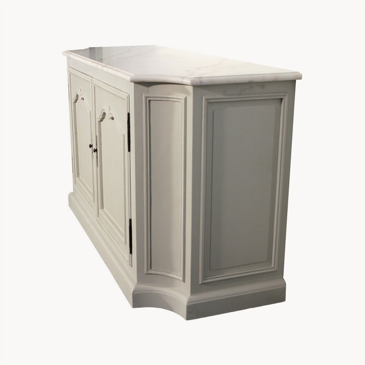 Albury double door sideboard by Cornucopia Home and Gift with white marble top and wooden finish.