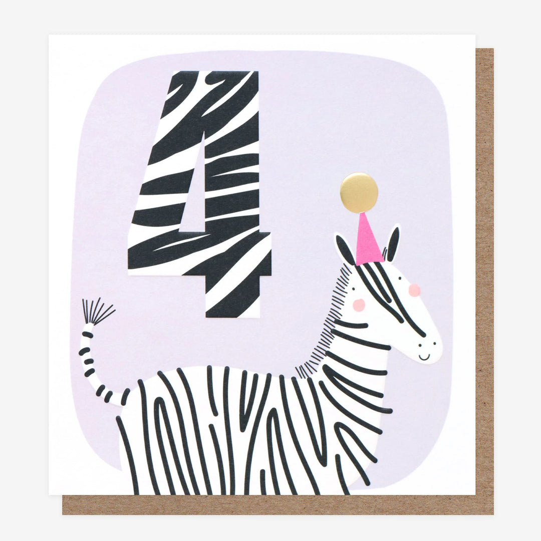 Caroline Gardner 4th Zebra birthday card for her featuring colorful zebra illustration on white background