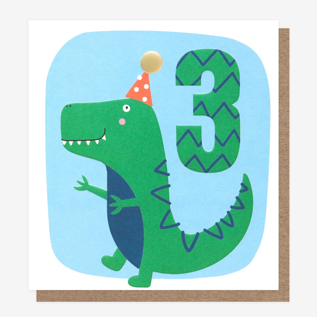 Caroline Gardner dinosaur birthday card for her, featuring colorful dinosaur illustrations and playful design on a festive background.