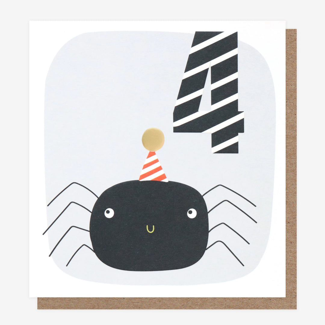 Colorful Caroline Gardner 4th birthday spider card with playful design and cheerful birthday message for her.